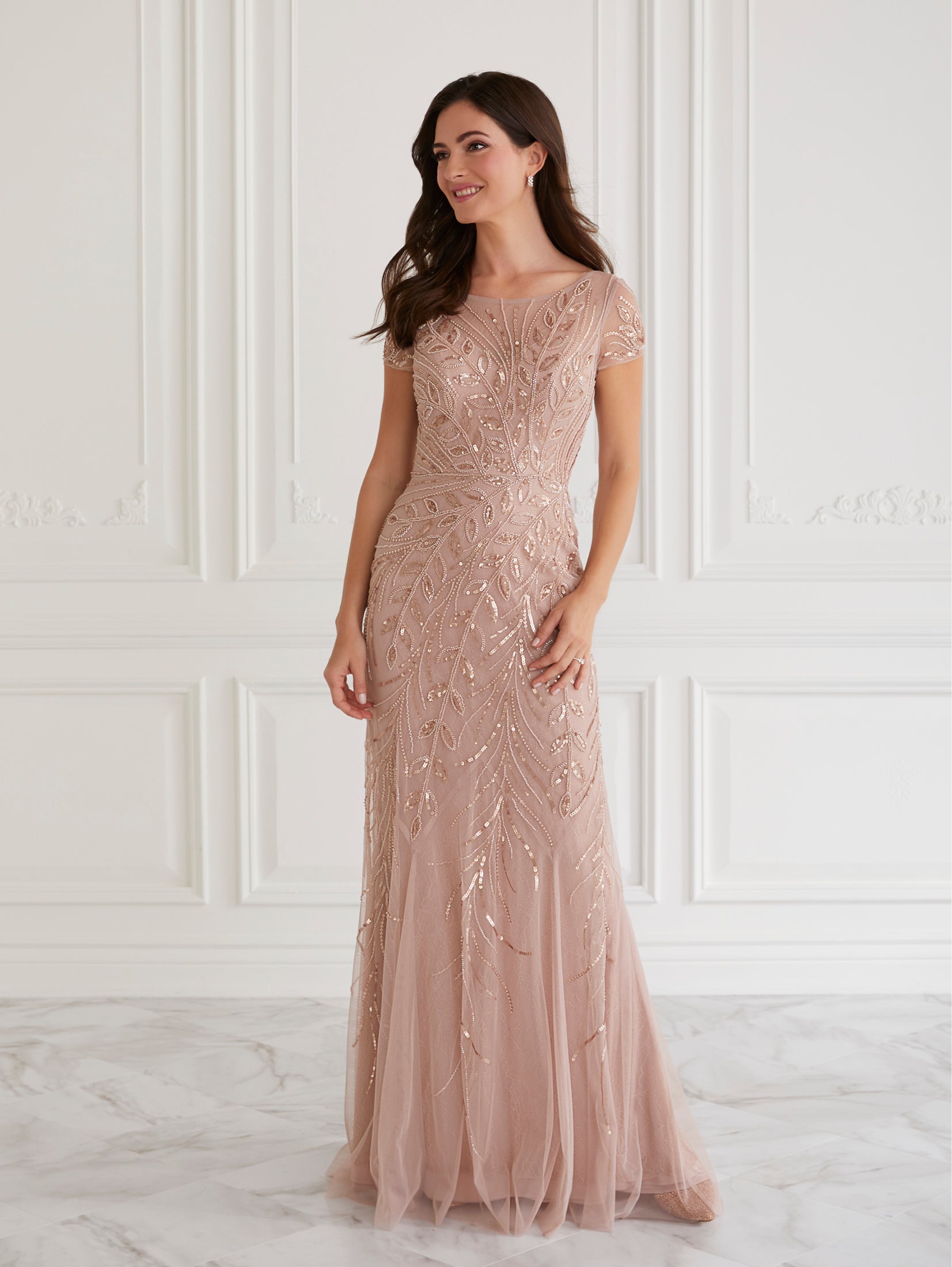 Sequined Godet Gown In Morganite Christina Wu