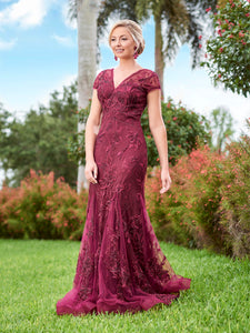 Floral Embroidered Gown In Burgundy