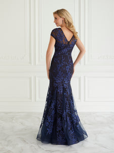 Floral Embroidered Gown In Navy