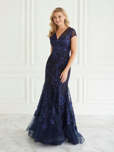 Floral Embroidered Gown In Navy
