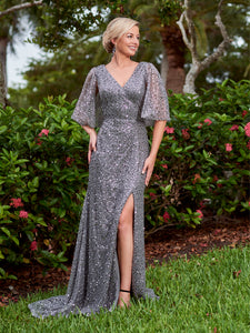 Sequined Flutter Sleeve Gown In Slate
