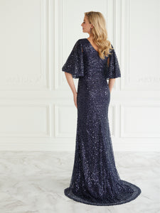 Sequined Flutter Sleeve Gown In Navy