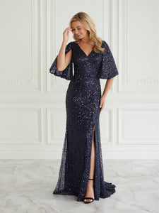 Sequined Flutter Sleeve Gown In Navy