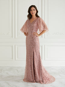 Sequined Flutter Sleeve Gown In Rose