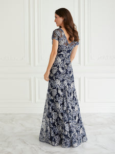 Floral Embroidered Gown In Navy Silver