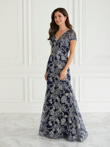 Floral Embroidered Gown In Navy Silver