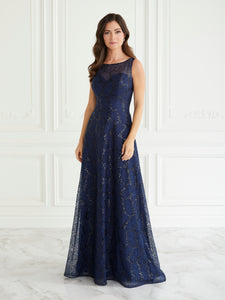 Illusion Lace Gown In Navy