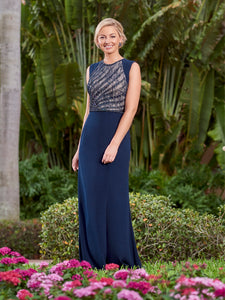 Crepe & Beaded Lace Gown In Navy Nude