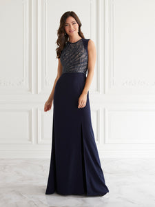 Crepe & Beaded Lace Gown In Black Nude
