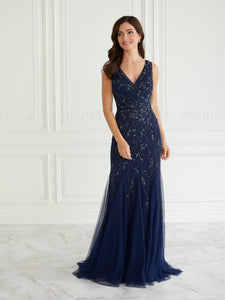 Floral Beaded Gown In Navy