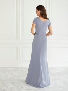 Floral Beaded Surplice Gown In Misty Blue