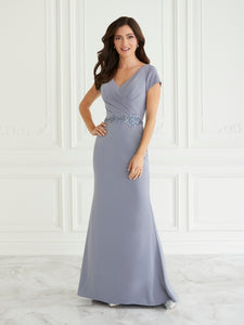 Floral Beaded Surplice Gown In Misty Blue