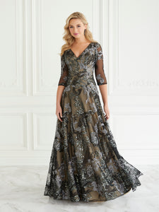 Floral Tulle Gown In Black Nude