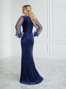 Velvet And Organza Fit-And-Flare Gown In Navy