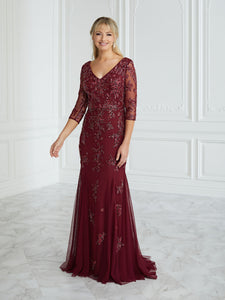 Hand-Beaded Jersey A-Line Gown In Wine