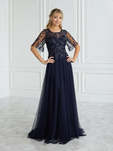 Hand-Beaded Illusion A-Line Gown In Navy