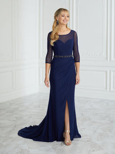 Hand-Beaded Illusion Sheath Gown In Navy
