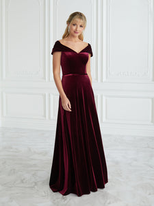 Velvet Off-The-Shoulder A-Line Gown In Mahogany