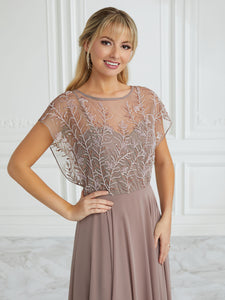 Hand-Beaded And Chiffon Illusion A-Line Gown In Mink