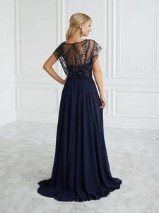 Hand-Beaded And Chiffon Illusion A-Line Gown In Navy