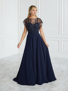 Hand-Beaded And Chiffon Illusion A-Line Gown In Navy