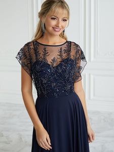 Hand-Beaded And Chiffon Illusion A-Line Gown In Navy