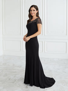 Jersey And Crystal-Trim Illusion Sheath Gown In Black
