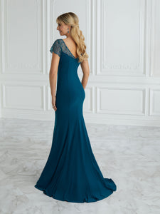 Jersey And Crystal-Trim Illusion Sheath Gown In Teal