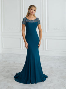 Jersey And Crystal-Trim Illusion Sheath Gown In Teal