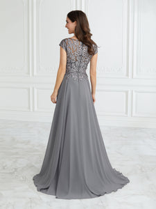 Embroidered Lace And Chiffon A-Line Gown In Charcoal