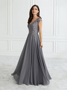 Embroidered Lace And Chiffon A-Line Gown In Charcoal