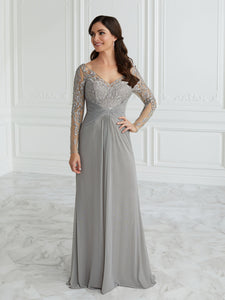 Sequined Lace Illusion A-Line Gown In Slate