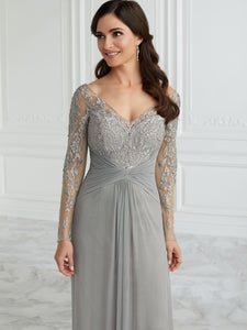 Sequined Lace Illusion A-Line Gown In Slate