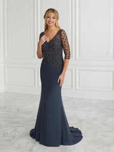 Hand-Beaded Mesh & Jersey Trumpet Gown In Dark Silver