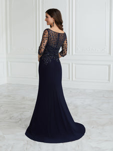 Hand-Beaded Mesh & Jersey Trumpet Gown In Navy