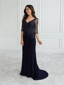 Hand-Beaded Mesh & Jersey Trumpet Gown In Navy