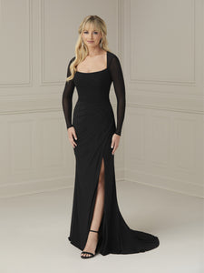 Scoop Neckline Pleated Gown In Black