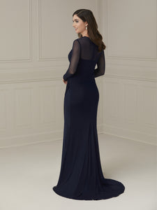 Scoop Neckline Pleated Gown In Navy