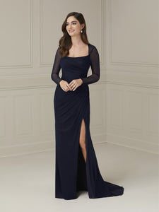 Scoop Neckline Pleated Gown In Navy