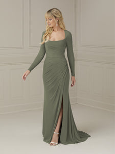 Scoop Neckline Pleated Gown In Sage
