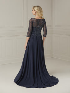 Hand-Beaded Chiffon A-Line Gown In Navy