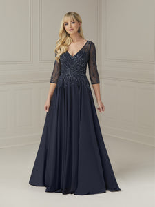 Hand-Beaded Chiffon A-Line Gown In Navy