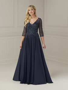 Hand-Beaded Chiffon A-Line Gown In Navy