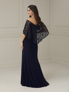 Jersey Gown With Lace Cape In Midnight