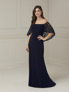 Jersey Gown With Lace Cape In Midnight