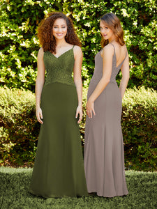 Spaghetti Strap Chiffon And Lace Fit-And-Flare Gown In Taupe