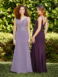 Spaghetti Strap Chiffon And Lace Fit-And-Flare Gown In Aubergine
