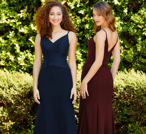 Spaghetti Strap Chiffon And Lace Fit-And-Flare Gown In Navy