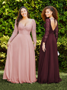 Long Sleeve Lace And Chiffon A-Line Skirt In Mahogany