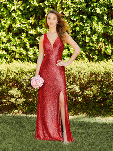 Sequin Fit-And-Flare V-Neck Gown In Red